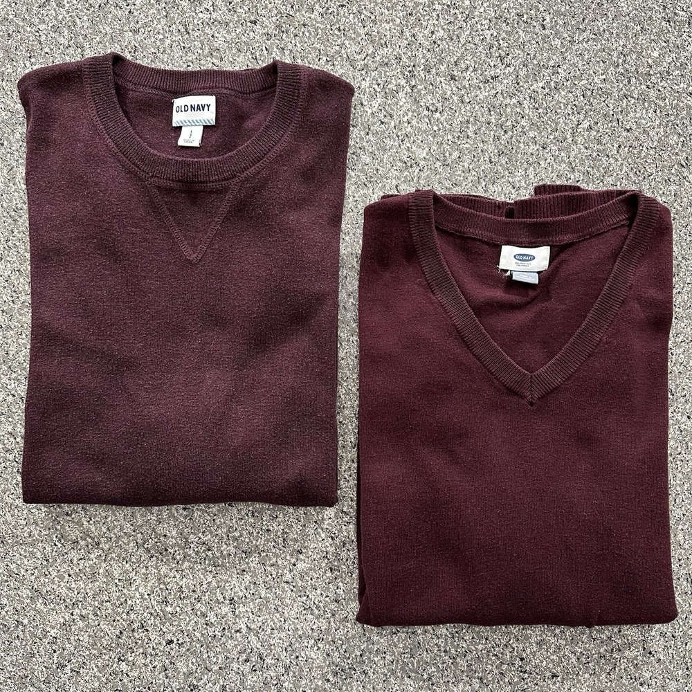 Old Navy Sweater Mens L Lot of 2 Knit Crew Neck & V Neck Long Sleeve Burgundy